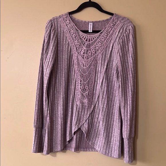 zolucky Tops - Purple Asymmetrical Ribbed Blouse with Lace V-Neck